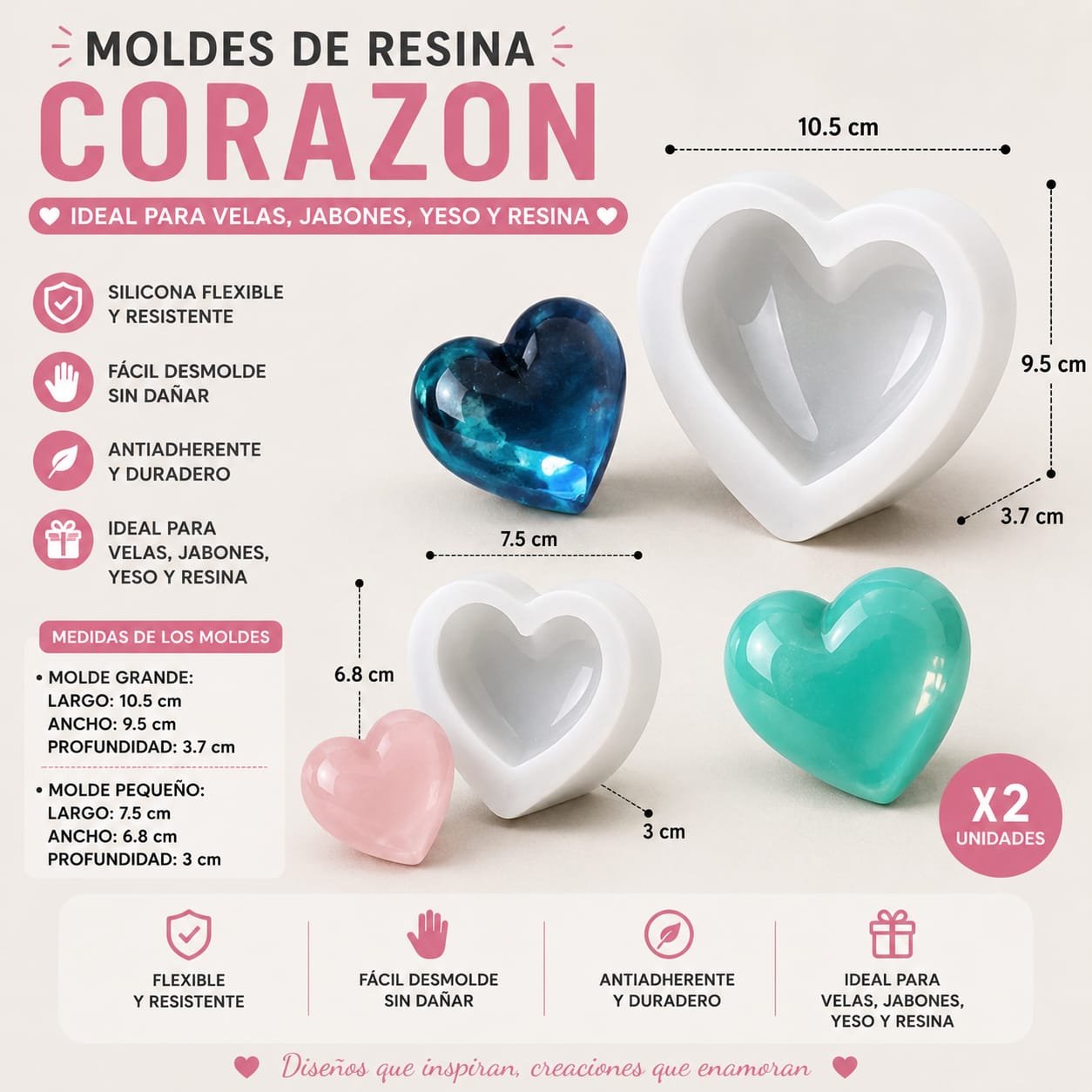 Molde de resina corazon x2